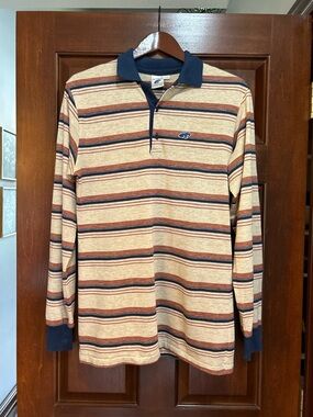 Vintage Le Chat Career Club Men M Extra Long Striped Knit Polo
